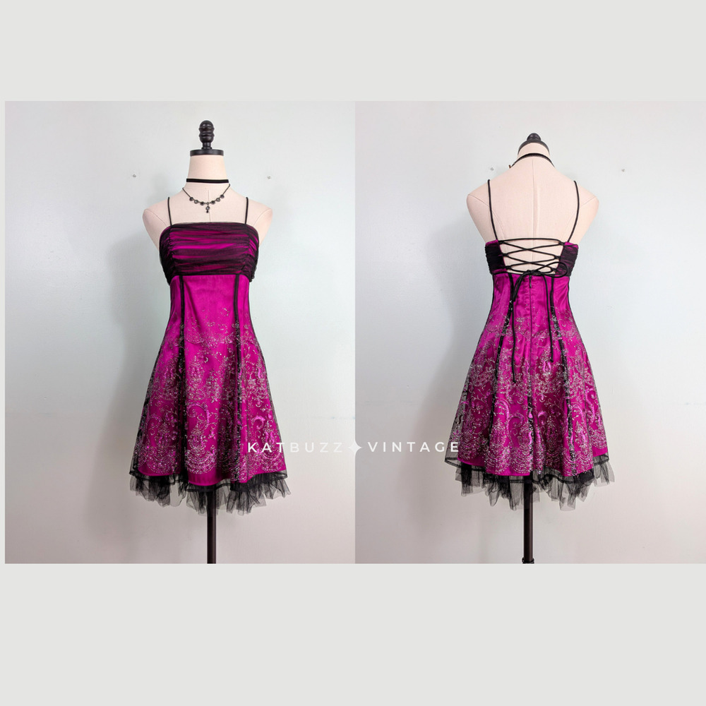 Vintage Morgan Prom Dress Mini Gown 4 Pink Black Corset Lace Y2K Goth Hoco Glam